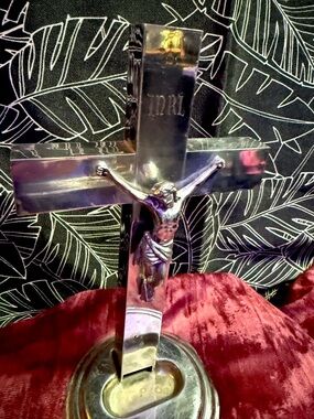 Vintage Standing Crucifix Chrome Holy Water Font Religious Decor